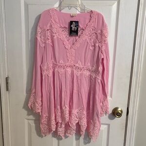 New POL Candy Pink Lace Trim Tunic Top-Medium